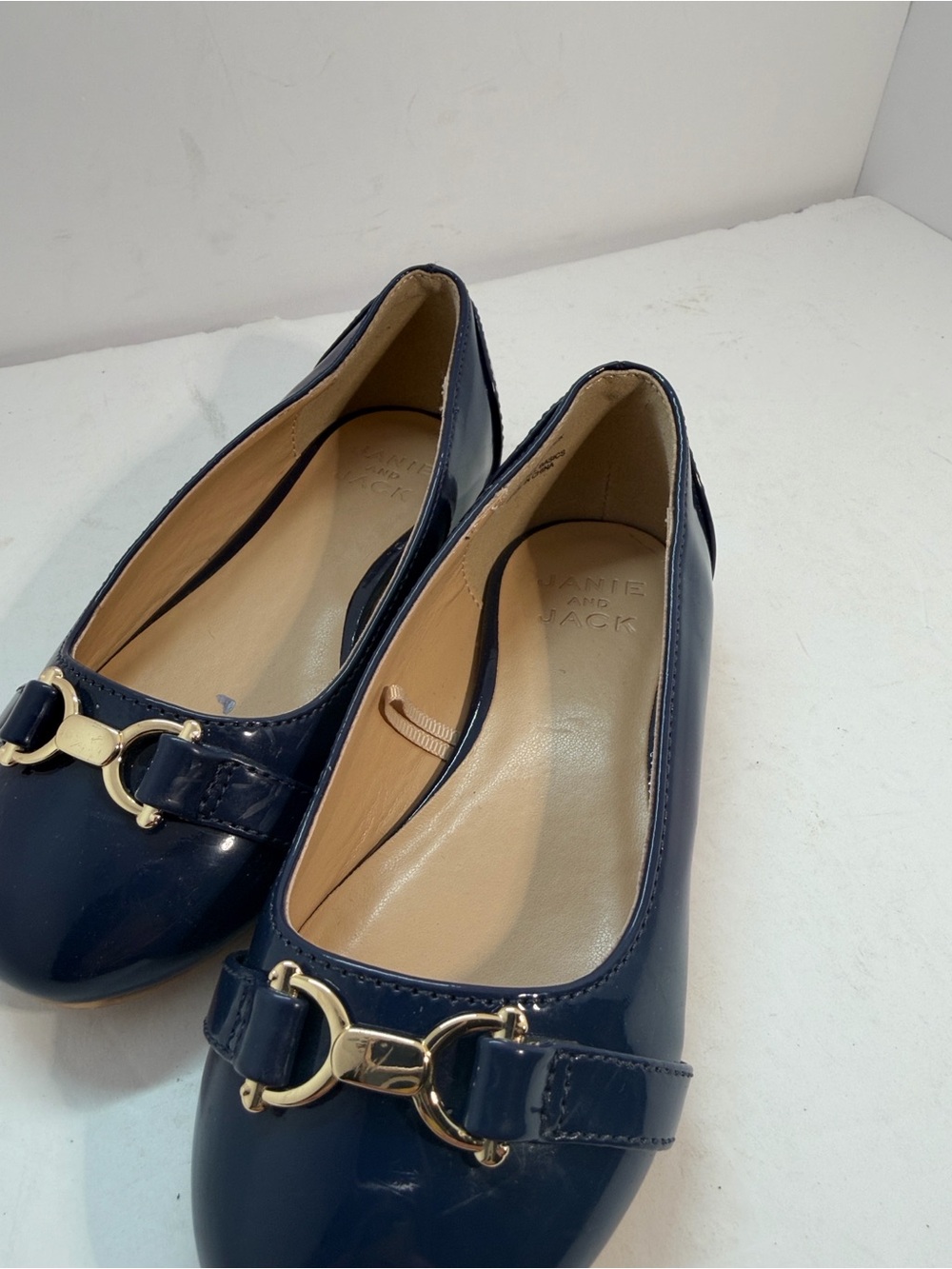 Janie and Jack Navy Patent Loafers with Gold Bit
